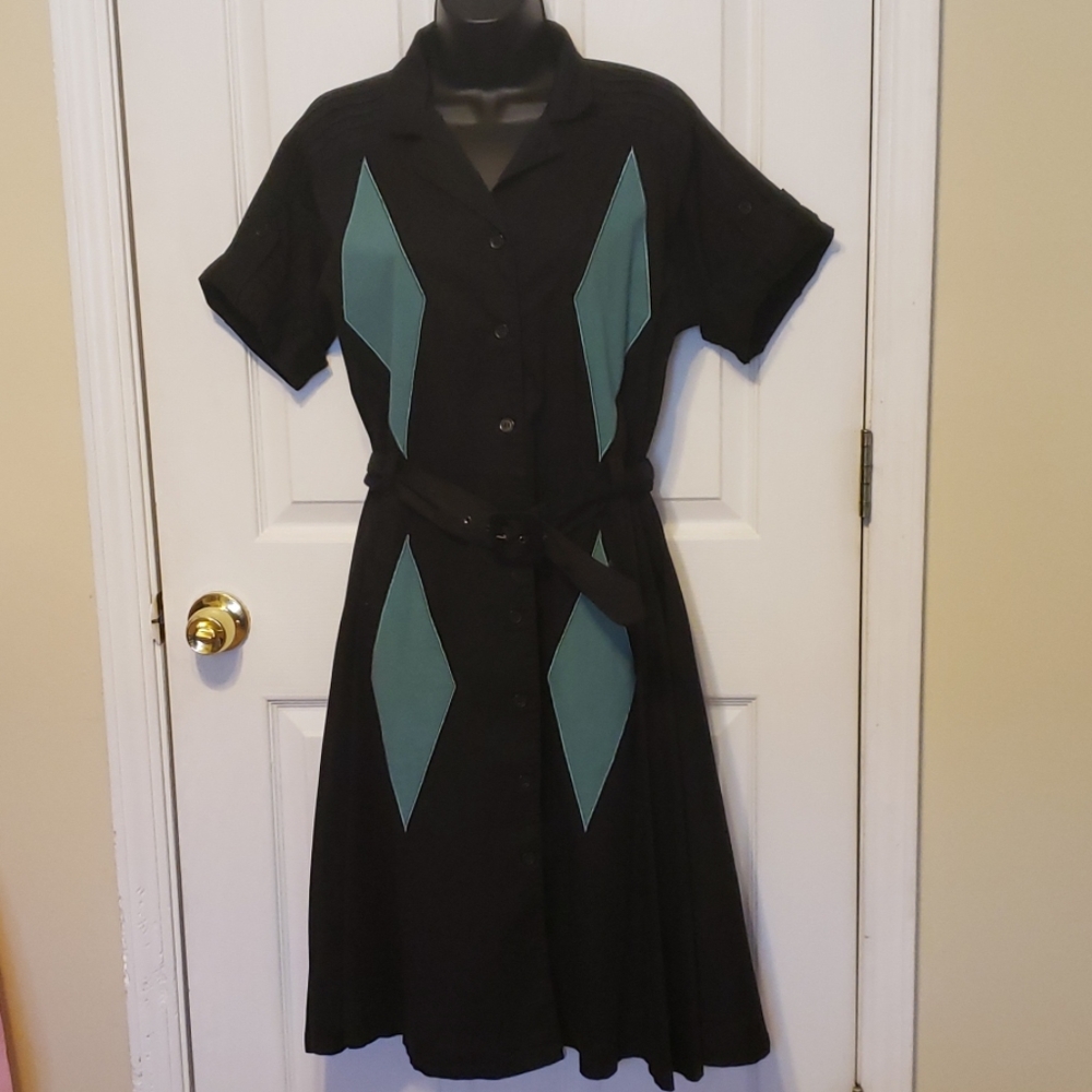Black Dress with Teal Diamond Panels - Classic Button-Front Dress